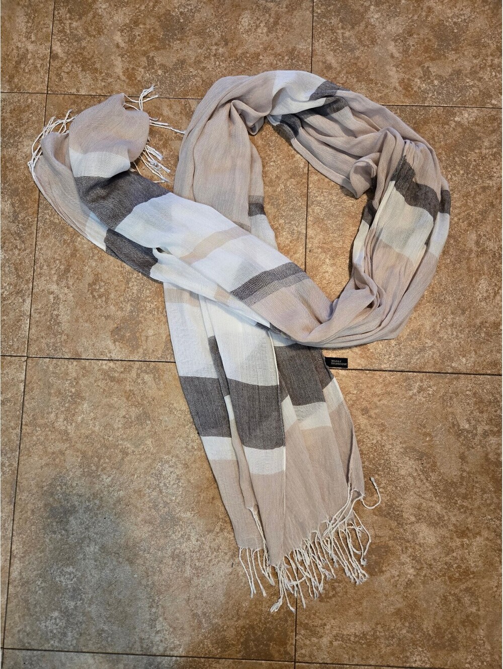 ViVi Designs Silk Blend Striped Lightweight Scarf Wrap Fringe Neutral Tan Gray